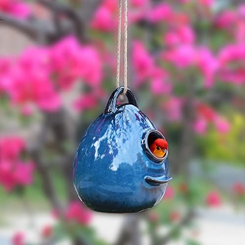 Kimdio Birdhouse Ceramic Hanging Birdhouses Bird Hut Hanging Outdoor Birdhouse for Wild Birds, Finch, Cardinal, and Bluebird - Blue