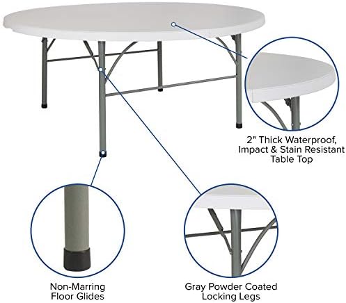 Flash Furniture 5-Foot Round Bi-Fold White Plastic Folding Table | Lightweight, Easy Storage, Commercial Grade, Carrying Handle