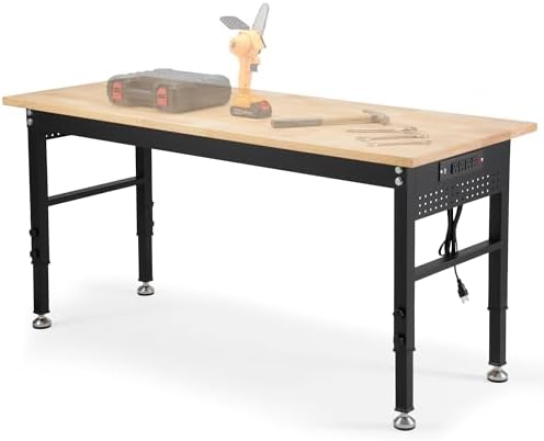 48" Adjustable Rubberwood Workbench with Foldable Extension Board & Power Outlet, Extra Large 48x32In 9-Level Height 27"-37", 2000 LBS Heavy Duty for Workshop Garage Office Home
