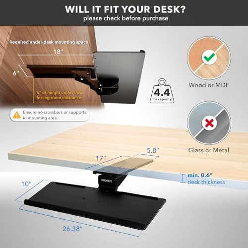 Mount-It! Under Desk Keyboard Tray, Adjustable Slide-Out Keyboard & Mouse Platform, 26.38" W × 10" D, Ergonomic Wrist Rest, Height Tilt & Swivel