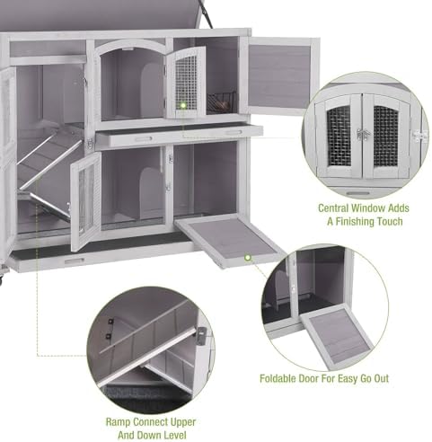 GUTINNEEN Rabbit Hutch Indoor Outdoor Bunny House Guinea Pig Cage on Wheel with Plastic Tray