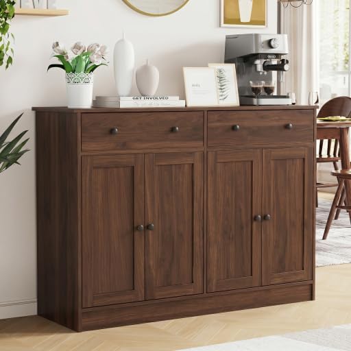 holzart White Buffet Cabinet with Storage, 49" Modern Kitchen Sideboard with 4 Doors & Adjustable Shelves, Wood Coffee Bar Cabinet Console Table for Dining Room, Living Room, Entryway
