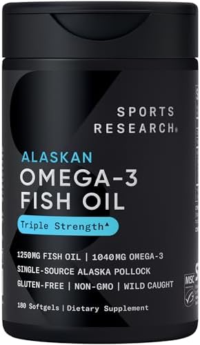 Sports Research® Omega-3 Fish Oil 1250mg from Wild Alaska Pollock,180 Count | Always Fresh Never Fishy | 690mg EPA 260mg DHA per Softgel · Heart & Brain Health* · MSC Certified Sustainable - 180 Servings