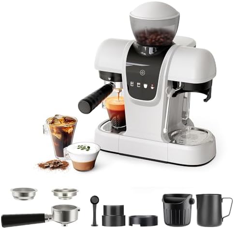 RECAFIMIL Semi-Automatic Espresso Machine with Grinder, 20 Bar, Compact Professional Coffee Maker with Milk Frother, Latte & Cappuccino