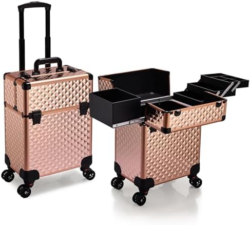 Stagiant Rolling Makeup Train Case Large Storage Cosmetic Trolley 4 Tray with Sliding Rail Removable Middle Layer with Key Swivel Wheels Salon