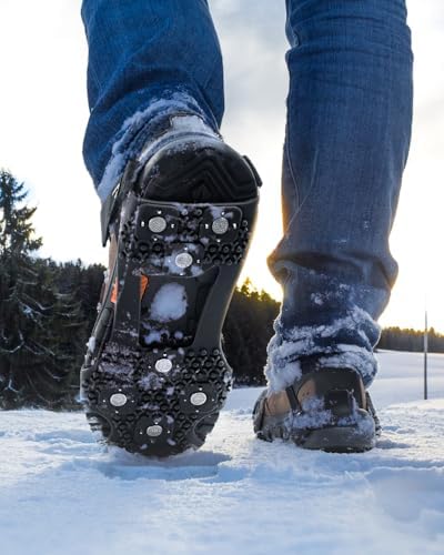 Sportneer Crampons： Ice Cleats for Shoes and Boots with 28 Spikes - Traction Slip-on Stretch Footwear for Walking and Shoveling on Ice and Snow - Lightweight for Women and Men