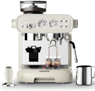 Espresso Machine with Grinder and Milk Frother, 20 Bar ULKA Pump | Fully Removable Burr Assembly, Adjustable Dosing & Independent Hot Water for Latte