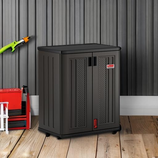 Suncast 30" Heavy-Duty Resin Outdoor Storage Cabinet, Lockable, Dark Gray