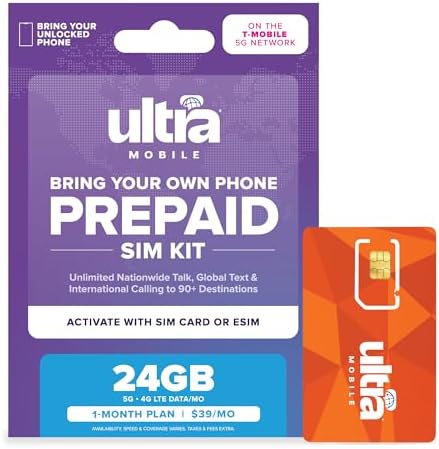 $39/mo. Ultra Mobile Prepaid Phone Plan with Unlimited Talk, Text, & 24GB of 5G • 4G LTE Data for 1 Month (3-in-1 SIM Card Kit)