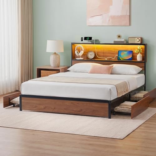 Zinus Kai Platform Bed Frame, RGB LED Lights, No Box Spring Needed, Full | Two-Tier Headboard for Space-Saving Storage, Built-in USB Charging Station, Soft Ambient Night Light