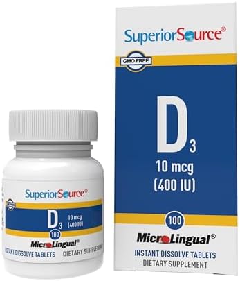 Superior Source Vitamin D3 10000 IU, Quick Dissolve MicroLingual Tablets, 100 Count, Helps Promote Strong Bones and Teeth, Immune Support, Helps Maintain Healthy Muscle Function, Non-GMO
