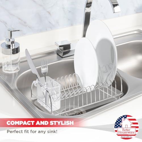 Better Houseware Stainless Steel Dish Drainer with Clear Plastic Tray and Cutlery Holder, Compact Space-Saving - Holds Up to 12 Plates