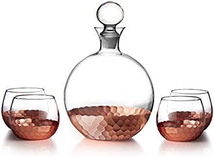 Fitz and Floyd Daphne Decorative Whiskey Decanter Set with Top Glass for Wine, Bourbon, Brandy, Liquor, 5 Piece, Gold