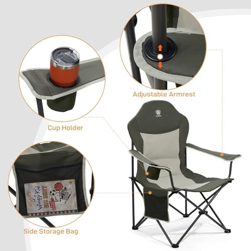 EVER ADVANCED High Back Folding Camping Chair Oversized and Fully Padded, Portable Quad Camp Lawn Chair Up to 400 lbs, with Cup Holder Armrest Carrying Bag