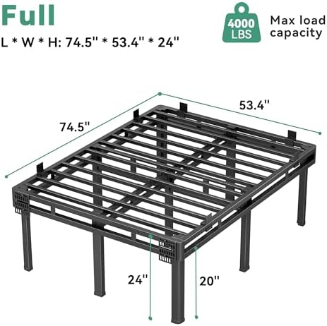 Superay 24 inch HIgh Queen Bed Frame with Rounded Legs, Double Layer Design | Metal Bed Frame & Box Spring 2 in 1 High Platform with Matress Gasket & headboard Adapter, Heavy Duty Support 4000lbs, Black