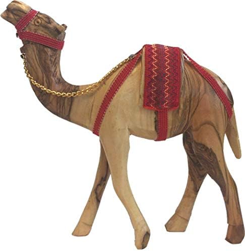Holy Land Market Olive Wood Nativity Camel Figurine with Red Saddle & Chain, 11 in Dia, 8 in High
