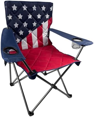 Black Sierra Quilted Padded Camping Chair, Oversized Heavy Duty Outdoor Lounge Seat Supports 300 lbs, Portable, Folding with Cup Holder for Beach, Tailgating, Sports, Patio