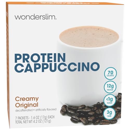 Wonderslim Protein Coffee Drink Mix with Casein Protein – 7 ct (Cappuccino) | With Collagen, 12g Protein, 70 Calories, Low Sugar, 3g Net Carbs, Keto Friendly, Gluten Free, GLP-1 Friendly Coffee Drink Mix