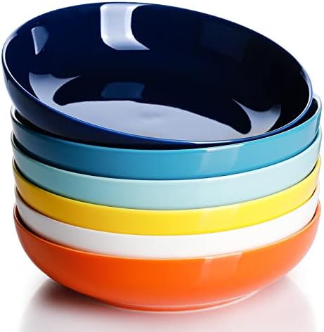 Sweese 22oz Porcelain Pasta Bowls Set of 6-7.6 Inch White Salad Serving Plates, Microwave Dishwasher Safe Dinnerware