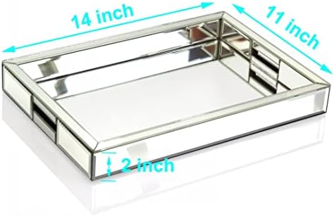 Rectangle Silver Mirror Decorative Tray Size 11” Length x 14” Width x 2” Height, Mirrored Vanity Organizer with Hand