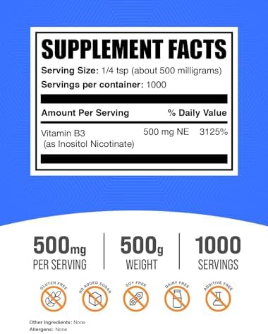 BulkSupplements.com Flush Free Niacin Powder - as Inositol Hexanicotinate, Vitamin B3 Supplement, Niacin 500mg Flush Free - Gluten Free, 500mg of per Serving, 250g (8.8 oz) (Pack of 1)