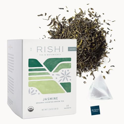 Rishi Tea Jasmine Organic Chinese Green Sachet Tea Bags, Caffeinated, 15ct | Floral Aroma and Taste, Jasmine Flower, Calm, Sustainable, 15 Servings