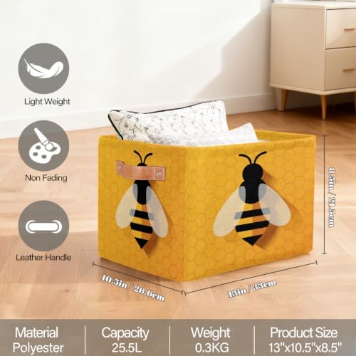 Cute Bee Square Storage Basket Bin Canvas Fabric Compressible Organizer Basket with Handle for Bedroom Nursery Office, 1PCS