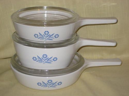 Corning " Cornflower Blue " 1 Pint & 1 1/2 Pint Sauce Pan & 6 1/2 Inch Skillet w/Lids