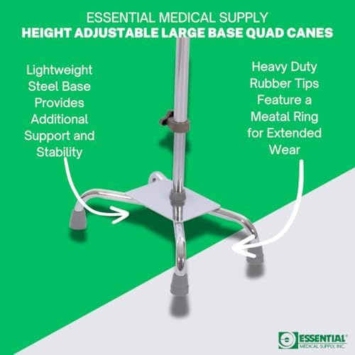 Essential Medical Supply Large Base Quad Cane in Silver - Height Adjustable Walking Cane