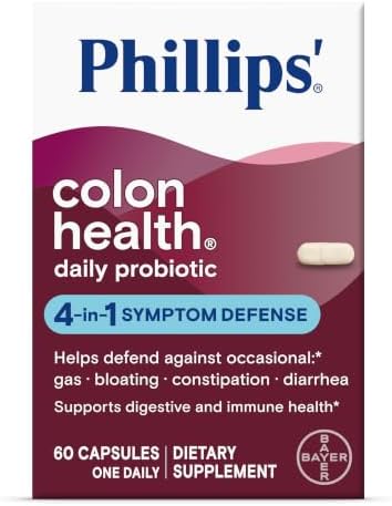 Phillips' Colon Health Daily Probiotic Capsules, 4-in-1 Symptom Defense to Help Defend Against Occasional Gas, Bloating, Constipation, and Diarrhea, Daily Supplement, 90 Count