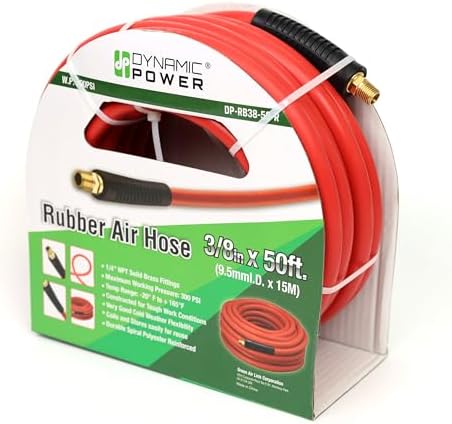 DYNAMIC POWER 3/8" x 50' Rubber Air Hose - 300 PSI - Assembly with 1/4" Male Pipe Thread Fittings & Bend Restictors (Red)