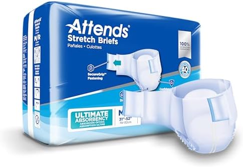 Attends Stretch Adult Incontinence Disposable Briefs, Large/X-Large, 40"-70" Waist with SecureGrip Tab Closure, Ultimate Absorbency with Dry-Lock Containment Core and Breathable Side Panels, 96ct Case