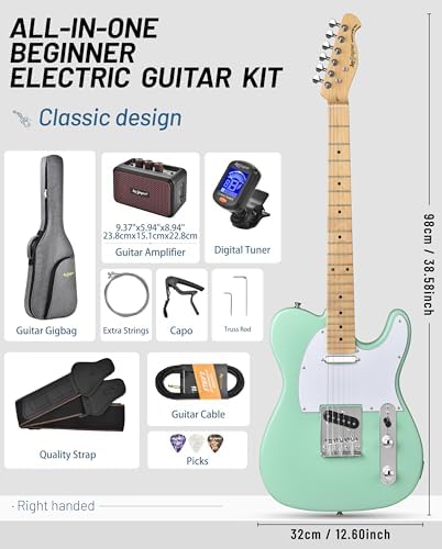 Leo Jaymz Beginner Electric Guitar Complete Kit with Portable Amp, Padded Gig Bag & Full Accessories, Maple Neck (TL-White)