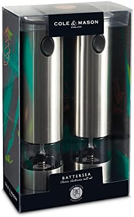 Cole & Mason H3004480 Battersea Salt and Pepper Mills | Electronic | Stainless Steel/Acrylic | 210mm | Gift Set | Includes 2 x Electric Salt and