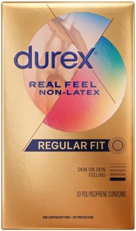 Durex Real Feel Non Latex Condoms, Lubricated Latex Free Condoms for Men, Natural Skin on Skin Feeling, 10 Count