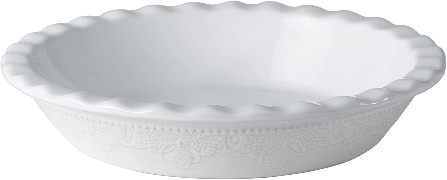 Fun Elements Pie Pan, 9 Inch Ceramic Pie Dish, Deep Dish Pie Pan with Lace Emboss, Ruffled Pie Plate for Baking