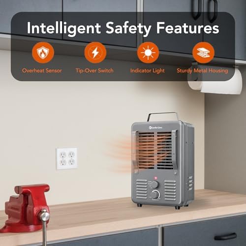 Comfort Zone Electric Portable Milkhouse Style Utility Space Heater with Adjustable Thermostat, Overheat Protection, and Safety Tip-Over Switch, Ideal for Garage or Greenhouse, 1,500W, CZ798