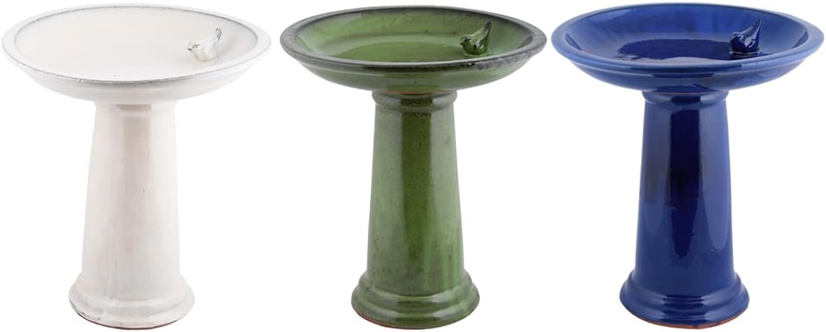 Esschert Design Bird Bath on Pedestal W/Bird, Ceramic, Blue, 18"H