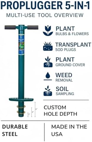 5-IN-1 Lawn Tool and Garden Tool, Bulb Planter, Weeder, Sod Plugger, Annual Planter, Soil Test