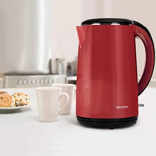 Secura Original Stainless Steel Double Wall Electric Water Kettle 1.8 Quart with Auto Shut-Off & Boil-Dry Protection, Red SWK-1701DR/HB-3227B