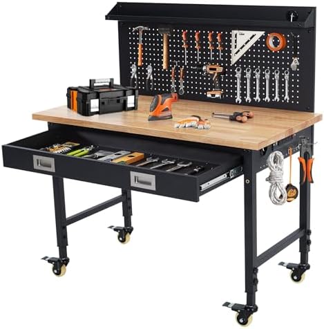 48’’x24’’ Adjustable Workbench,Workbench with Drawers,Darage Workbench with Pegboard,2000 LB Load Capacity,4 Rolling Casters, Power Outlets, Metal Frame,for Garage, Workshop, Home, Office
