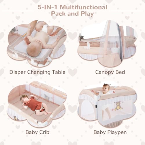 HONEY JOY 4-in-1 Pack and Play with Canopy, Portable Baby Playard w/Changing Table and Infant Bassinet Cute Toys & Music
