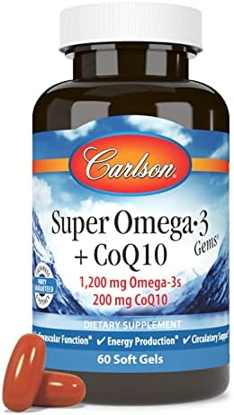 Carlson Super Omega-3 Gems + CoQ10, 1200 mg, Omega-3s, 60 Softgels | 200 mg CoQ10; Norwegian; Wild Caught; Sustainably Sourced