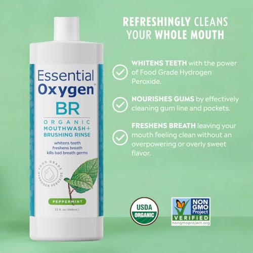 Essential Oxygen Certified BR Organic Brushing Rinse, All Natural Mouthwash for Whiter Teeth, Fresher Breath, and Happier Gums, Alcohol-Free Oral Care, Peppermint, 16 Ounce, Package may vary