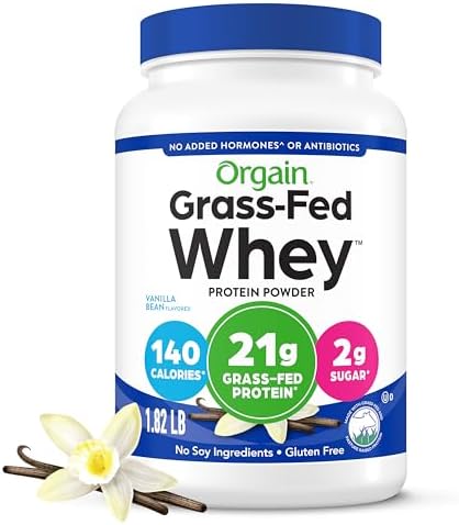 Orgain 21g Grass-Fed Whey Protein Powder, 5g BCAAs, Chocolate, 1.82lb | Dairy protein, 5g BCAAs, 4g prebiotic fiber, no sugar added, no added hormones, gluten free, kosher, for shakes & smoothies