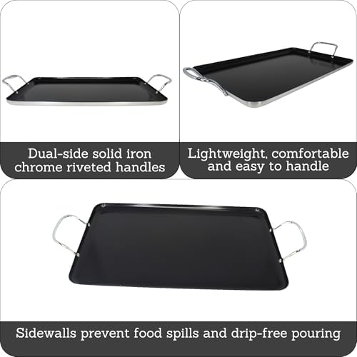 Imusa Double Burner Griddle Non-Stick 20-Inch, Black | Nonstick Coated Surface, Dual Side Handles, Ideal for Breakfast Foods, Perfect for Gatherings