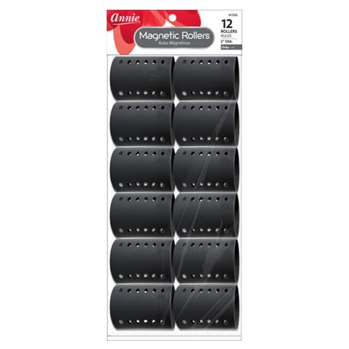 Annie Magnetic Hair Rollers 2 Inch, 12 Count Gray Curlers for Smooth Curls & Waves, Easy Dry or Damp Sets, Secure Comfortable Fit, Use with Pins/Clips
