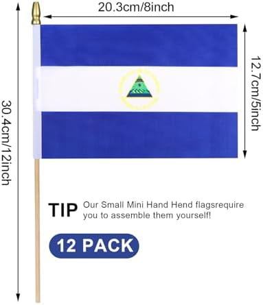12Pcs Small Nicaragua Flags on Wooden Stick Mini Nicaraguans Flag Hand Held Flag Decorations,5x8 Inch