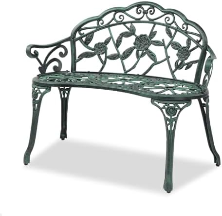 VINGLI 38.5" Patio Park Garden Outdoor Metal Rose Bench, 2-Person Cast Iron Cast Aluminium Frame Antique Finish Chair,Accented Lawn Front Porch Path Yard Decor Deck Furniture (Bronze, Rose)