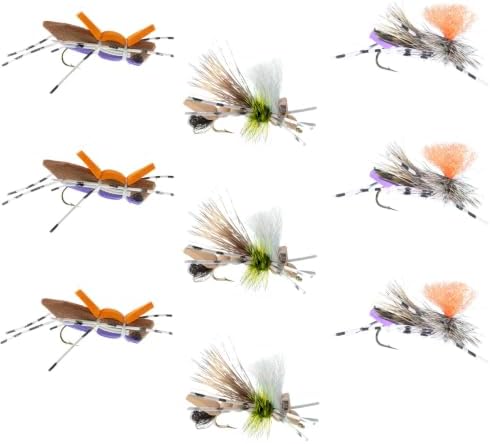 The Fly Fishing Place Grasshopper Trout Fly Assortment, Foam Body, 9 Flies, 3 Patterns, Hook Size 10